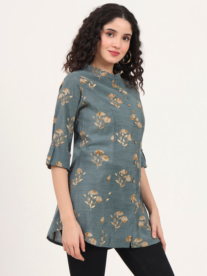Divena Grey Floral Printed Rayon Top
