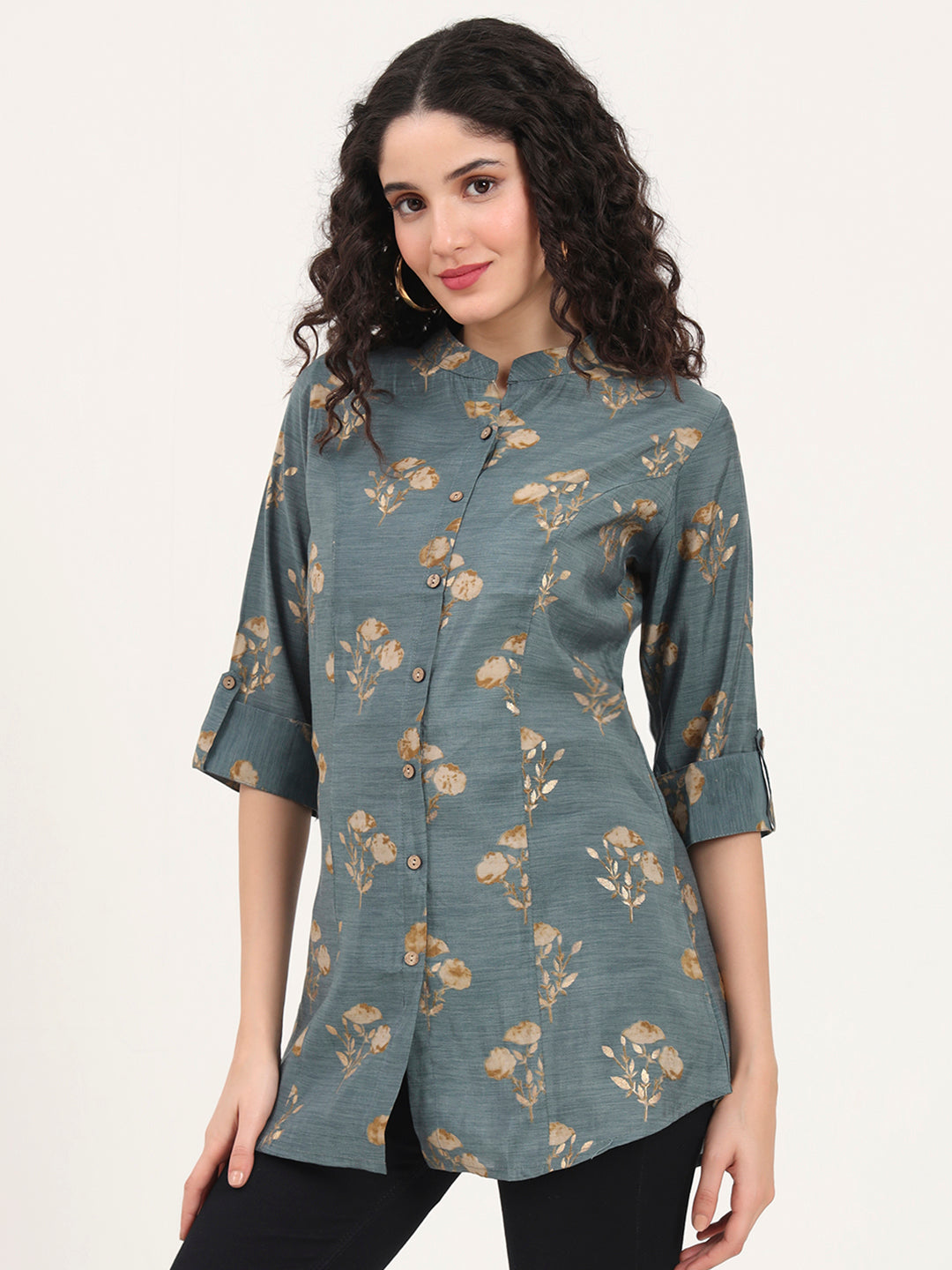 Divena Grey Floral Printed Rayon Top