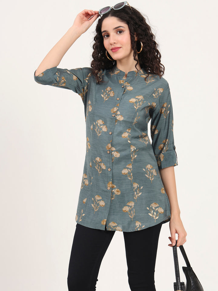 Divena Grey Floral Printed Rayon Top