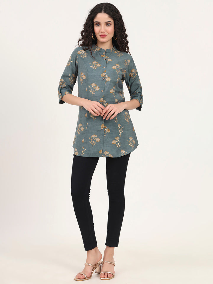 Divena Grey Floral Printed Rayon Top