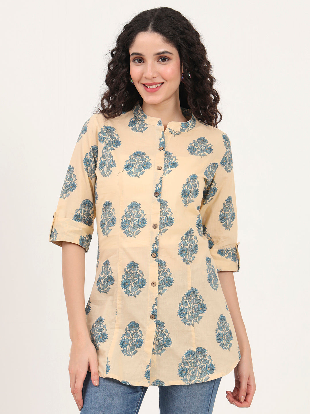 Divena Beige Floral Printed Cotton Top