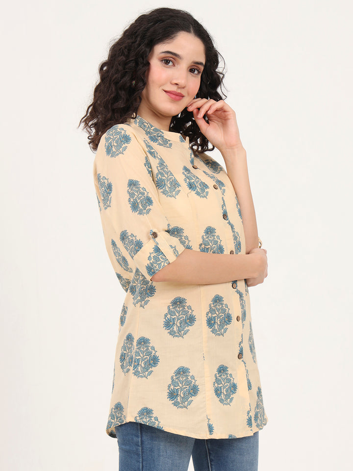Divena Beige Floral Printed Cotton Top