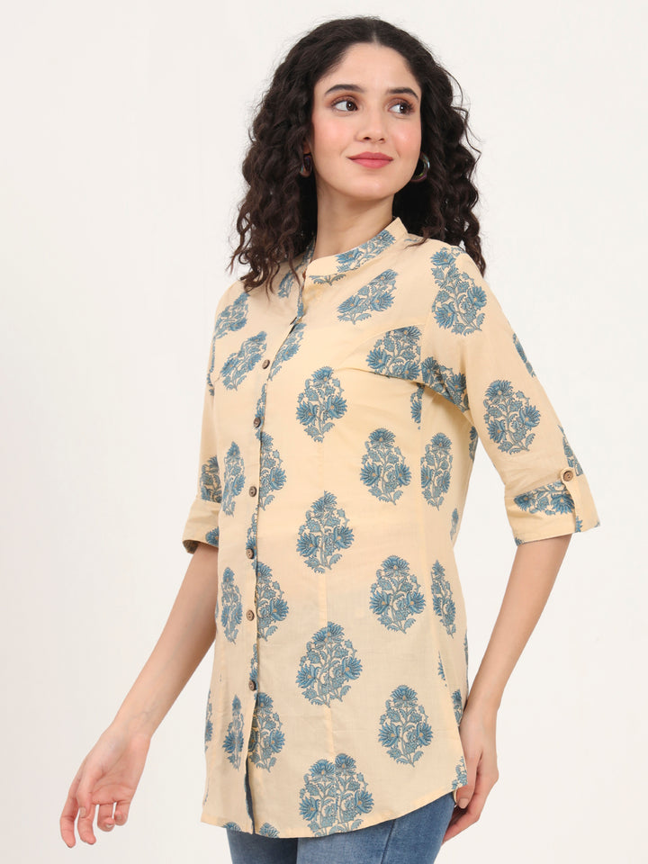 Divena Beige Floral Printed Cotton Top