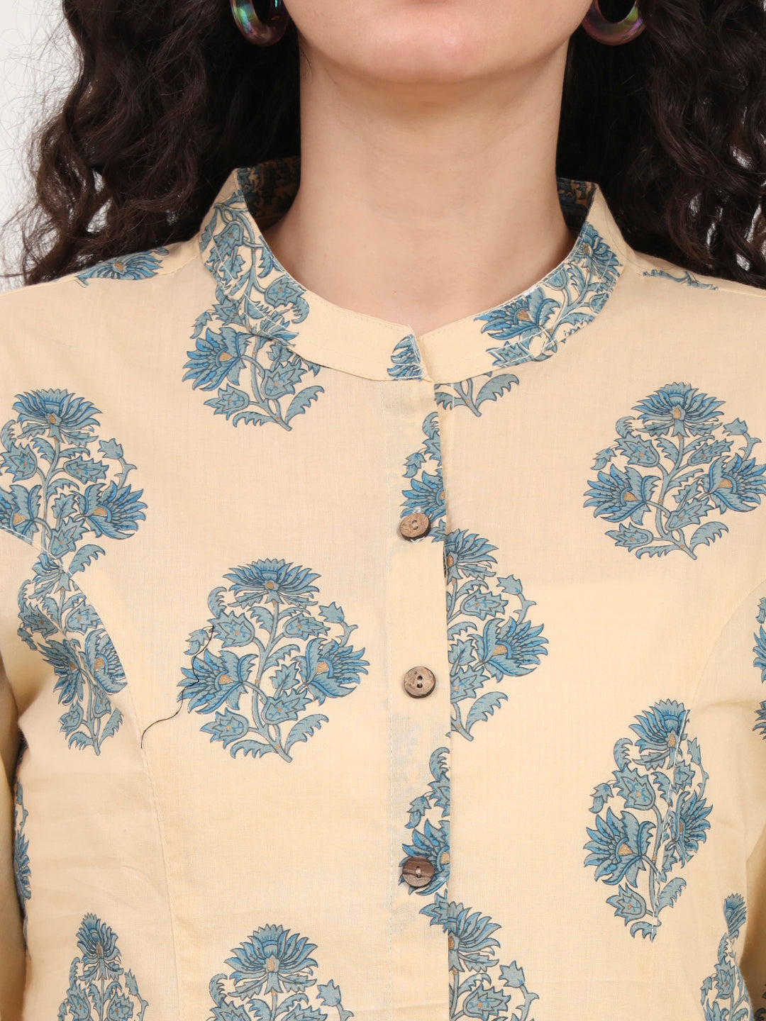 Divena Beige Floral Printed Cotton Top