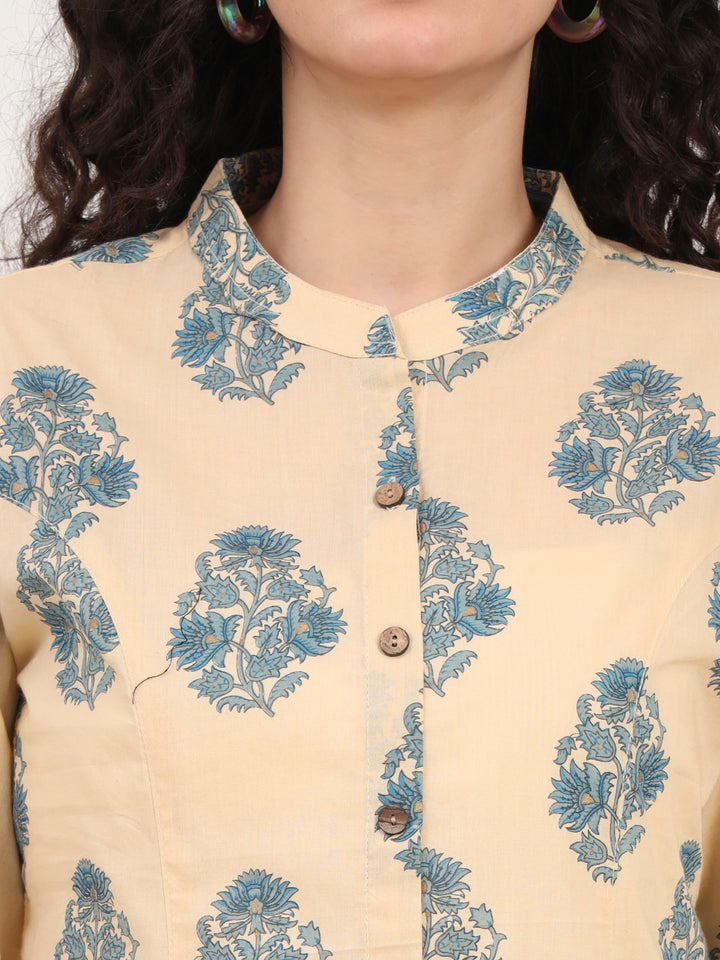 Divena Beige Floral Printed Cotton Top
