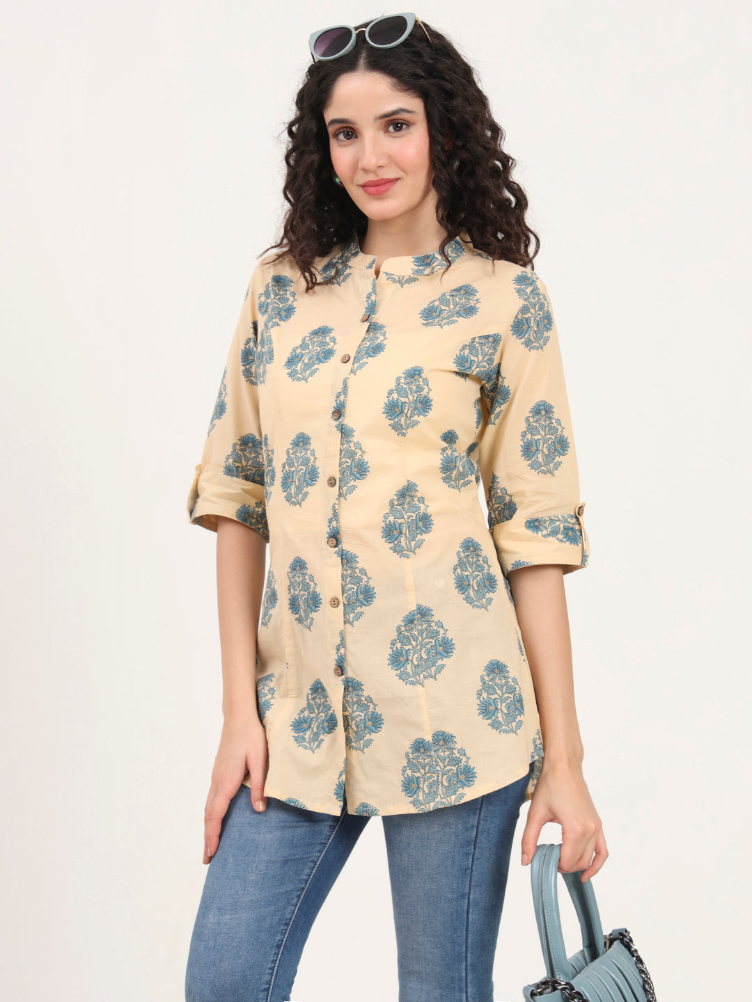 Beige Floral Printed Cotton Top — view 1