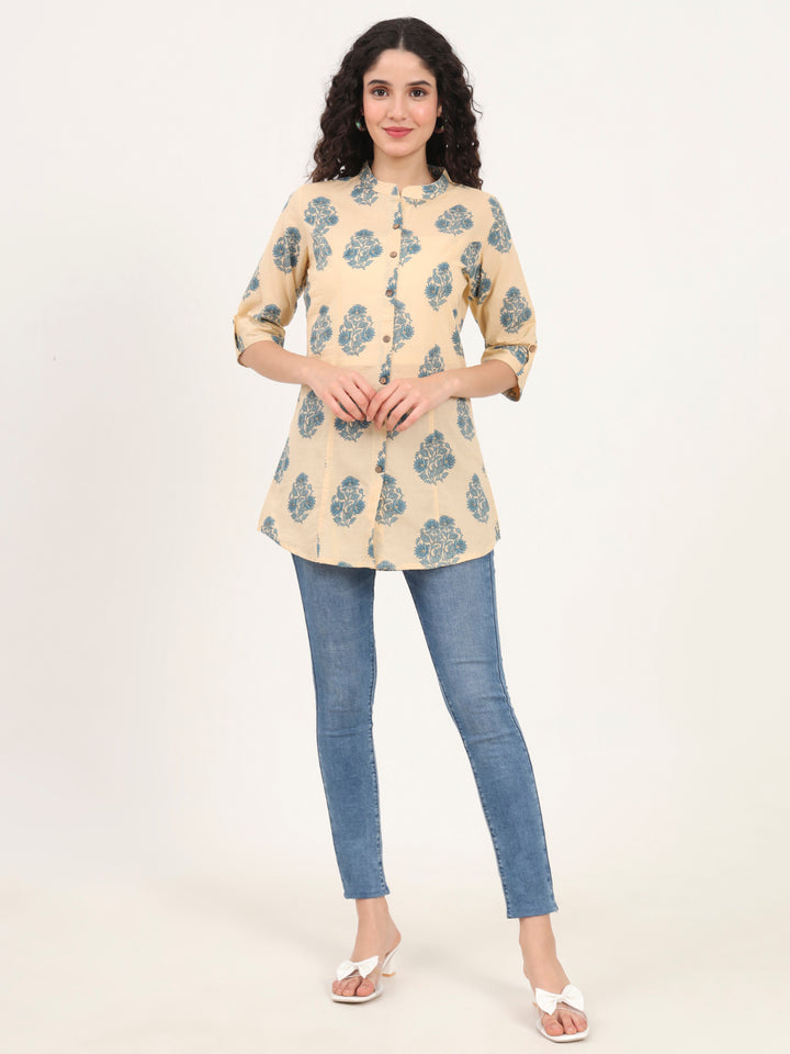 Divena Beige Floral Printed Cotton Top