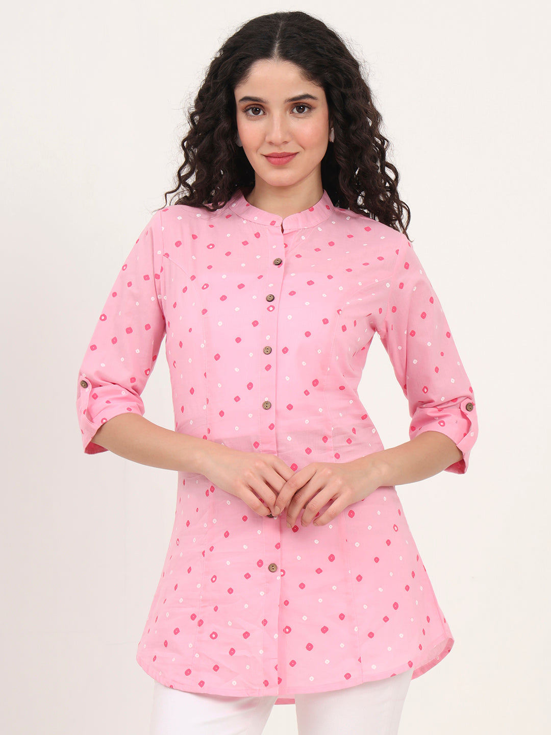 Divena Pink Bandhani Printed Cotton Top