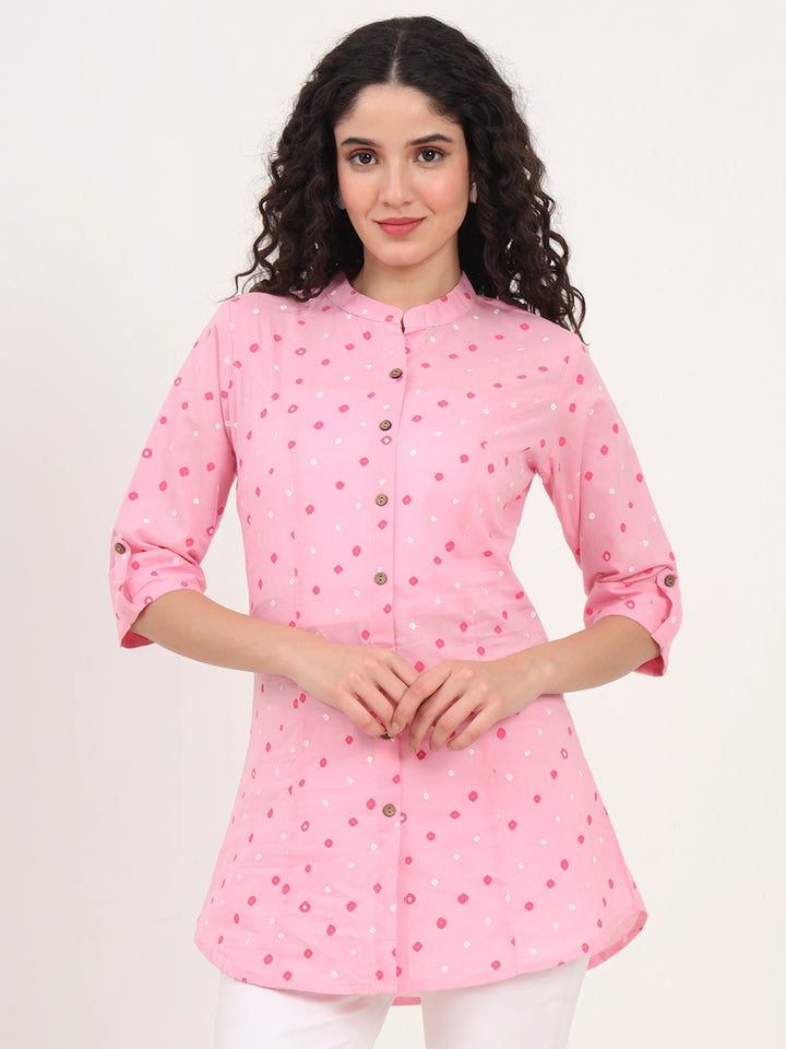 Divena Pink Bandhani Printed Cotton Top