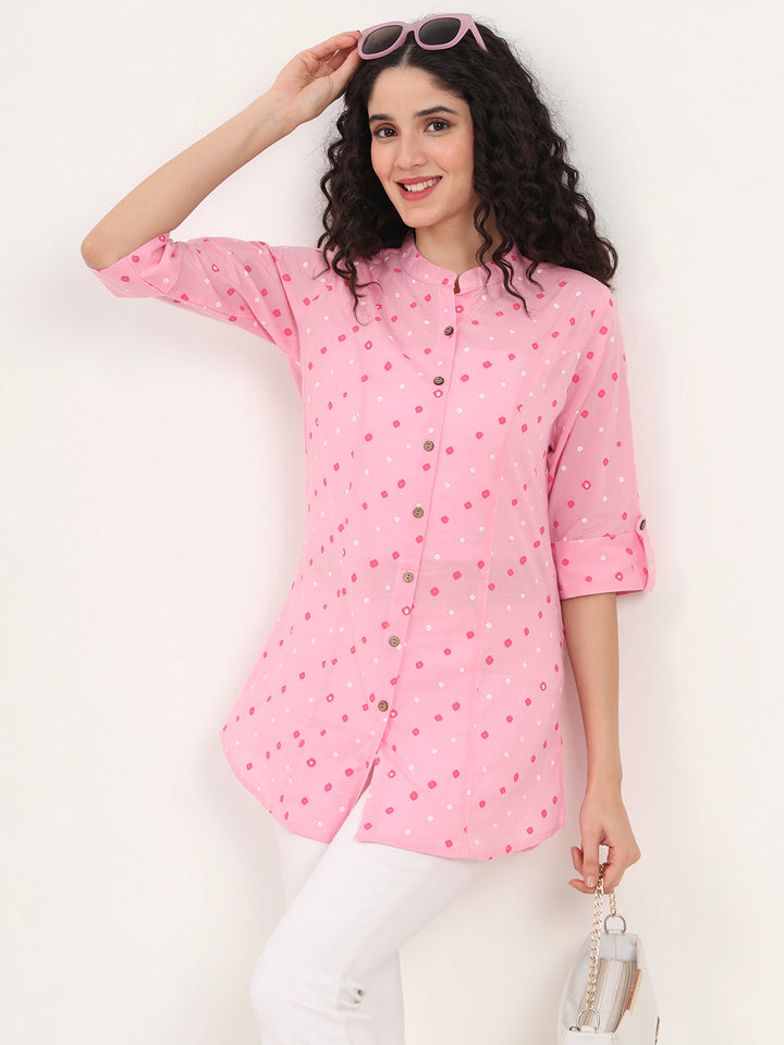 Divena Pink Bandhani Printed Cotton Top