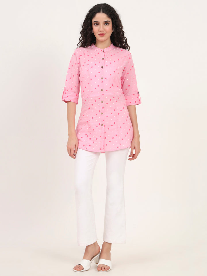 Divena Pink Bandhani Printed Cotton Top