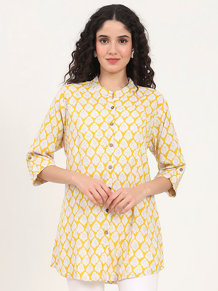 Divena Yellow Floral Printed Rayon Top