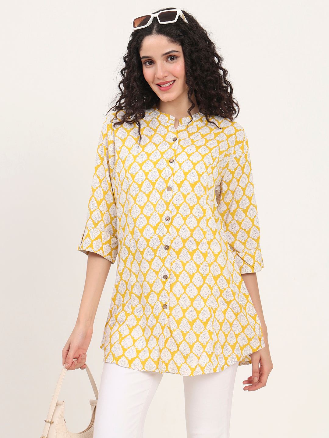 Yellow Floral Printed Rayon Top — view 1