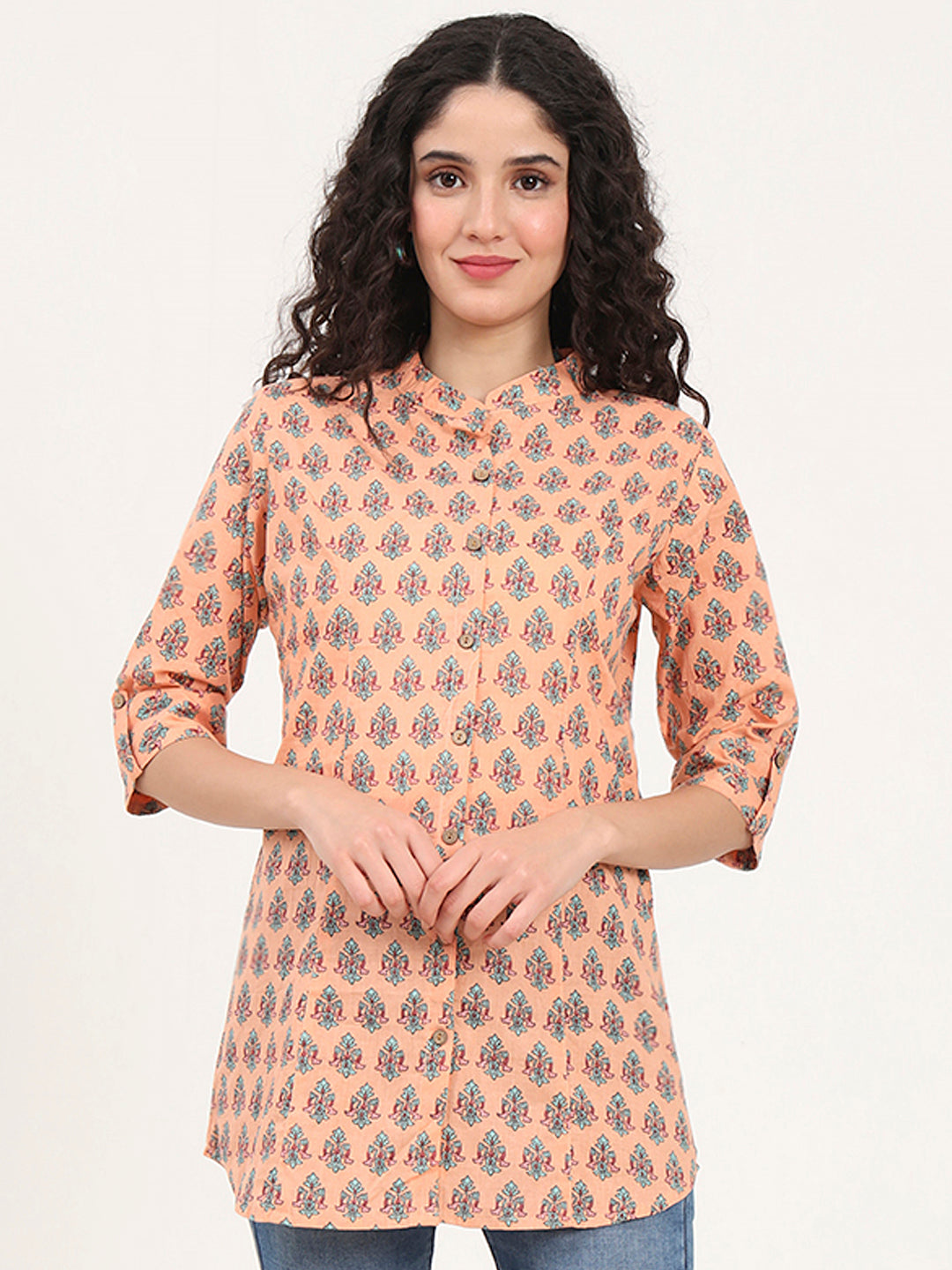 Divena Light Orange Floral Printed Cotton Top