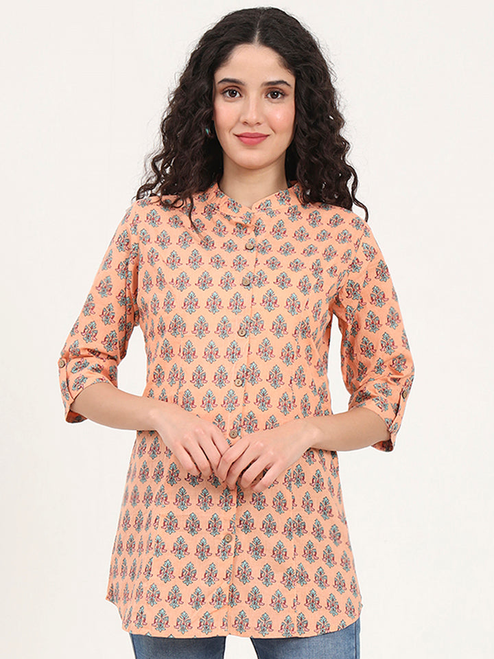 Divena Light Orange Floral Printed Cotton Top