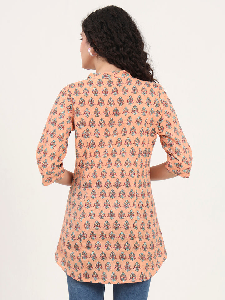Divena Light Orange Floral Printed Cotton Top