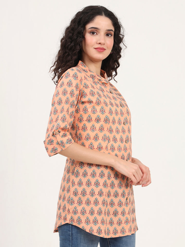 Divena Light Orange Floral Printed Cotton Top