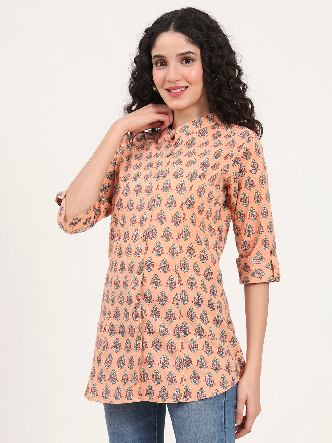 Divena Light Orange Floral Printed Cotton Top