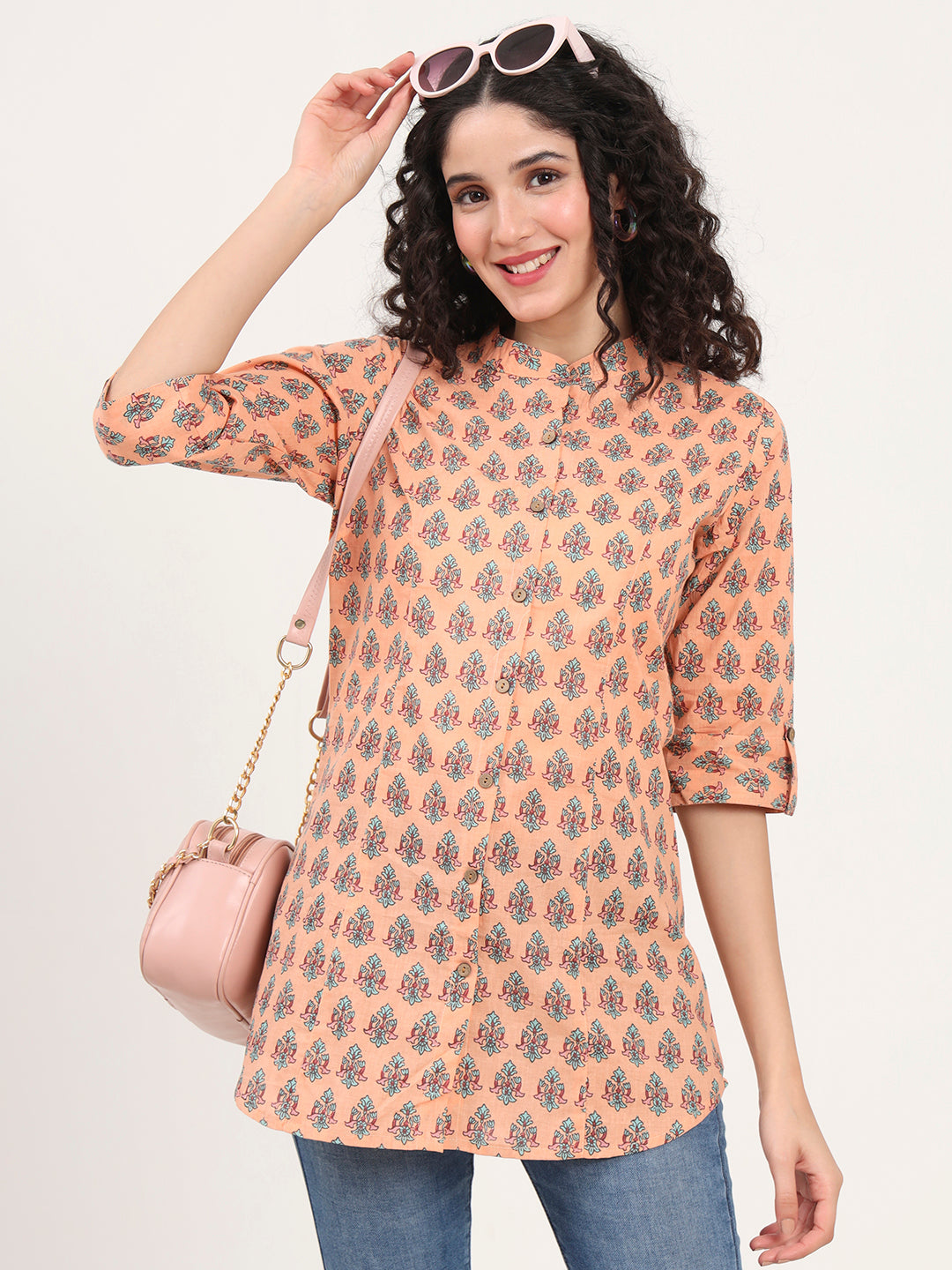 Light Orange Floral Printed Cotton Top — view 1