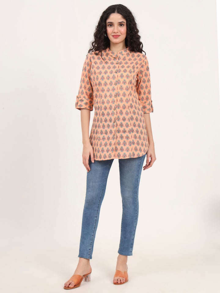 Divena Light Orange Floral Printed Cotton Top
