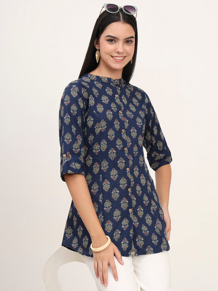 Divena Navy Blue Cotton A-Line top