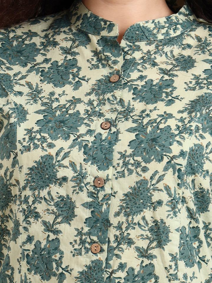 Divena Green Floral Print Cotton Top