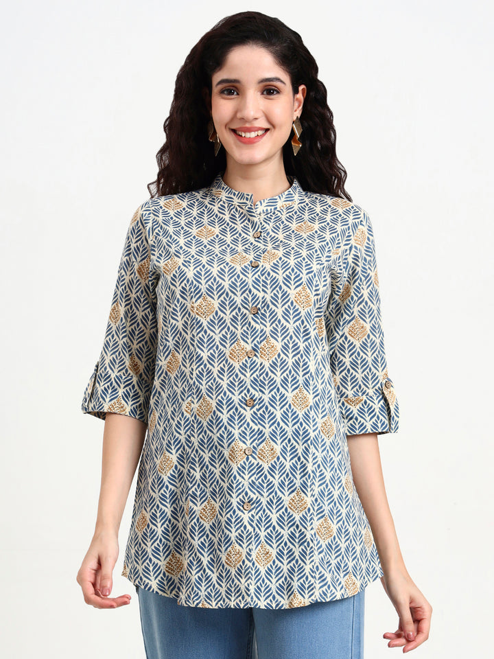 Divena Blue Geometric Printed Cotton Top