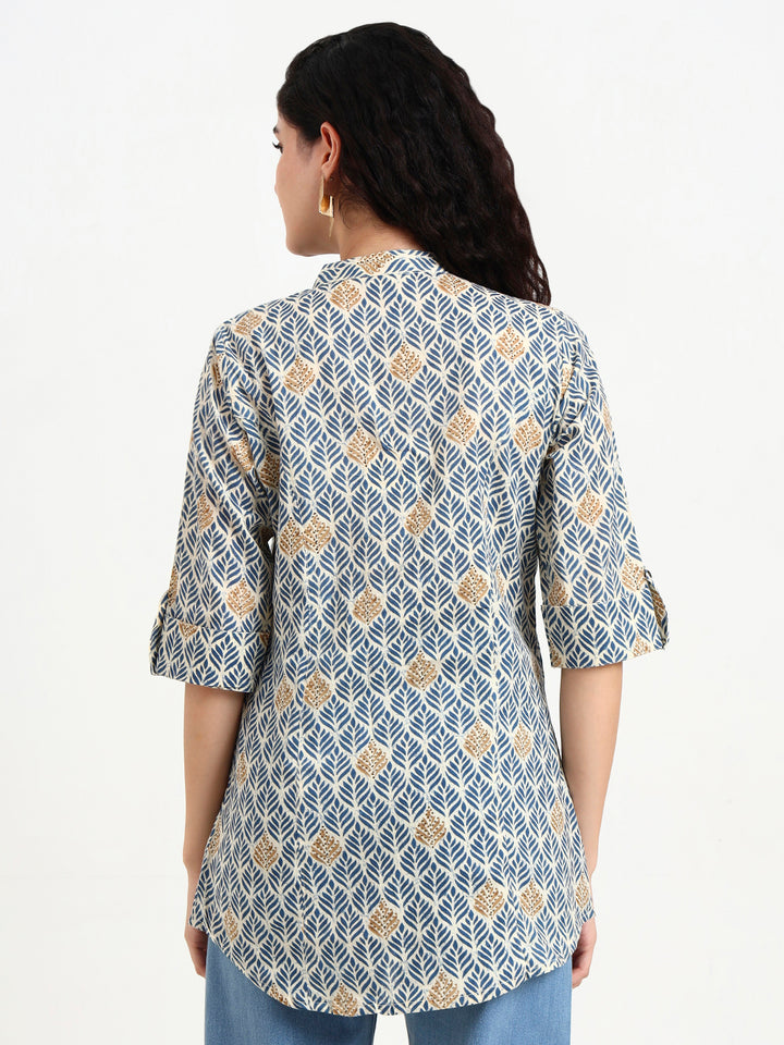 Divena Blue Geometric Printed Cotton Top