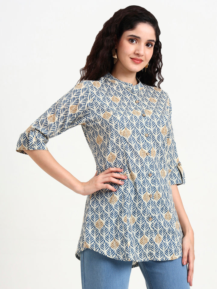 Divena Blue Geometric Printed Cotton Top