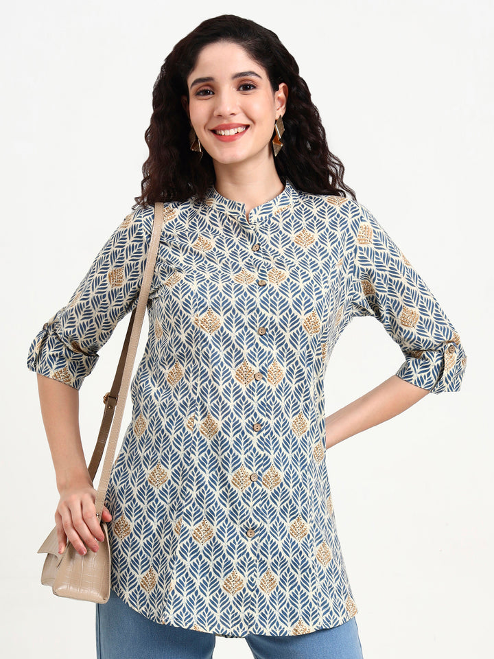 Divena Blue Geometric Printed Cotton Top