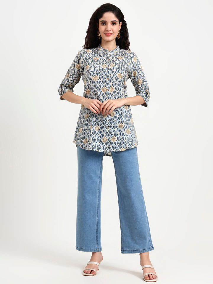 Divena Blue Geometric Printed Cotton Top