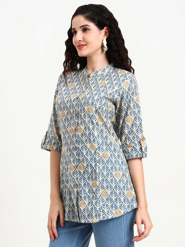 Divena Blue Geometric Printed Cotton Top