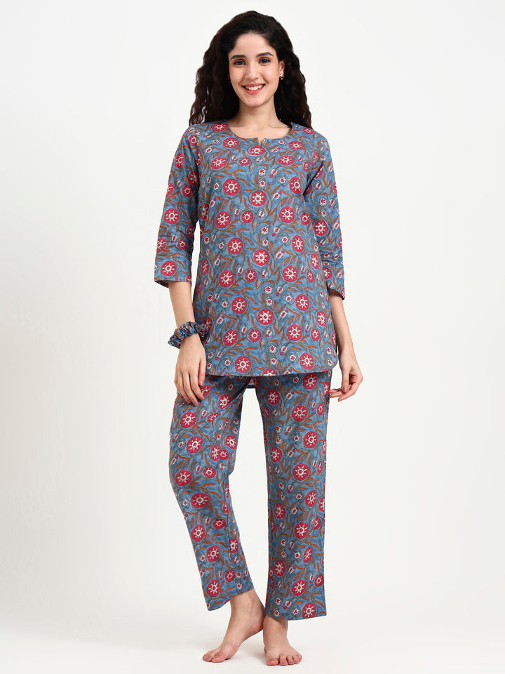 Divena Blue Floral Print Cotton Night Suit