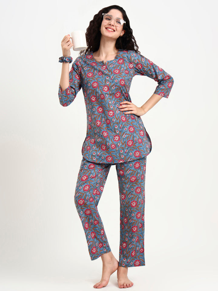 Divena Blue Floral Print Cotton Night Suit