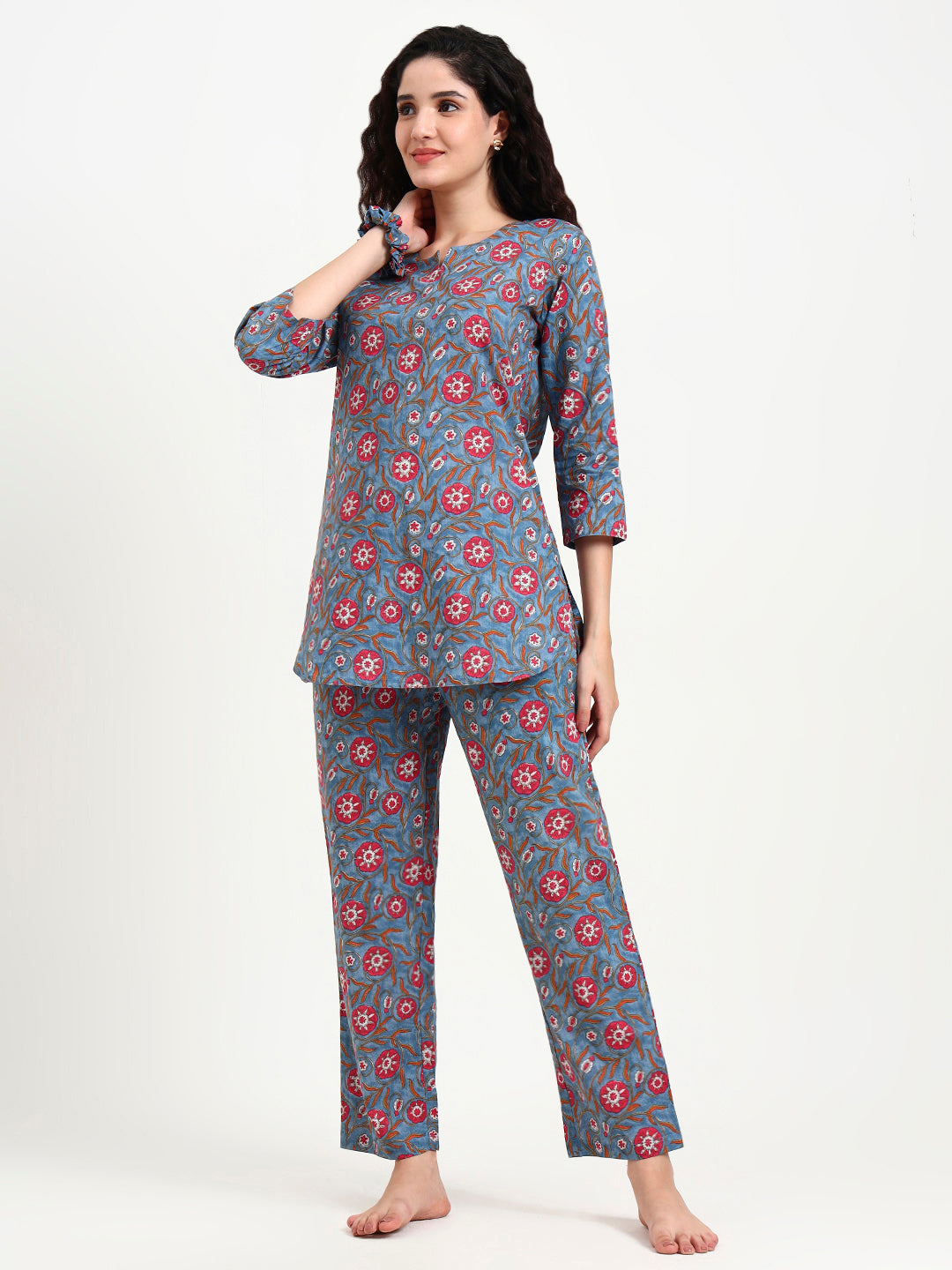 Divena Blue Floral Print Cotton Night Suit