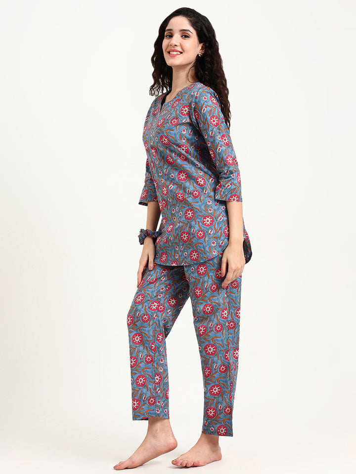 Divena Blue Floral Print Cotton Night Suit