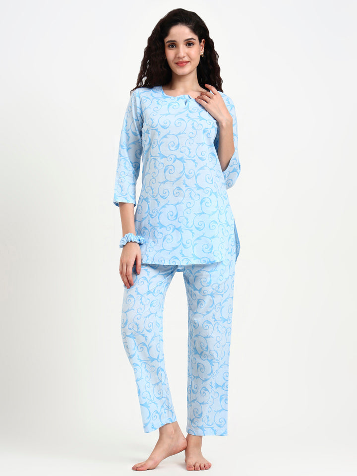 Divena Sky Blue Floral Print Cotton Night Suit