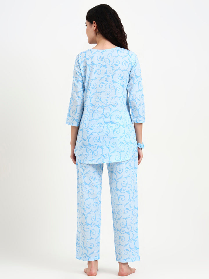 Divena Sky Blue Floral Print Cotton Night Suit
