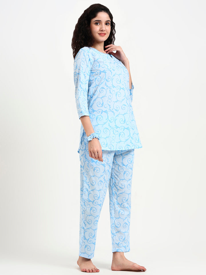 Divena Sky Blue Floral Print Cotton Night Suit