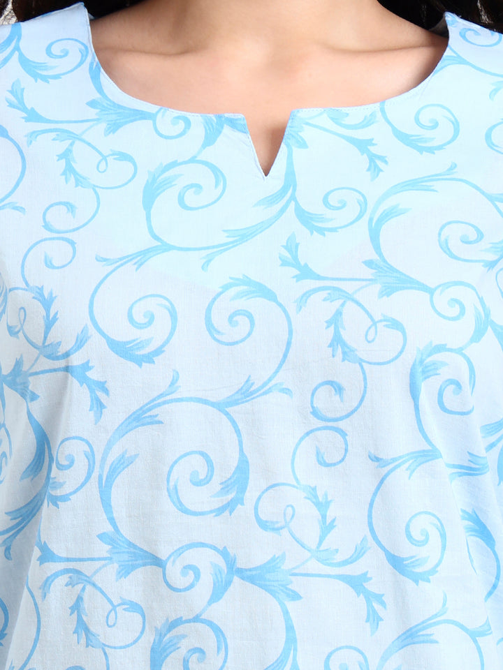 Divena Sky Blue Floral Print Cotton Night Suit