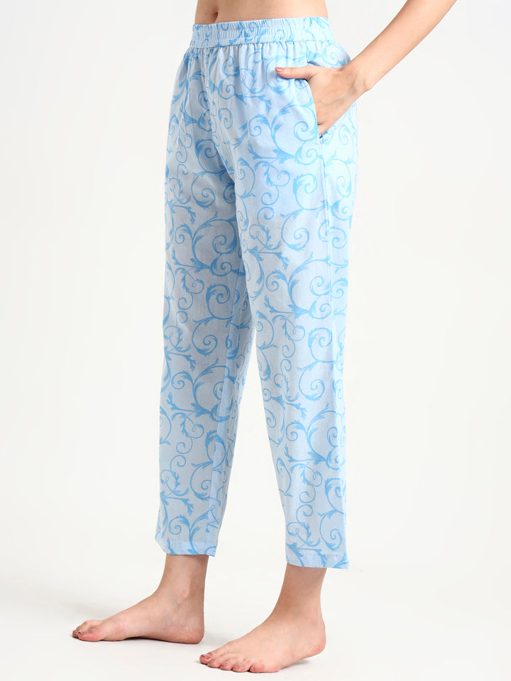 Divena Sky Blue Floral Print Cotton Night Suit