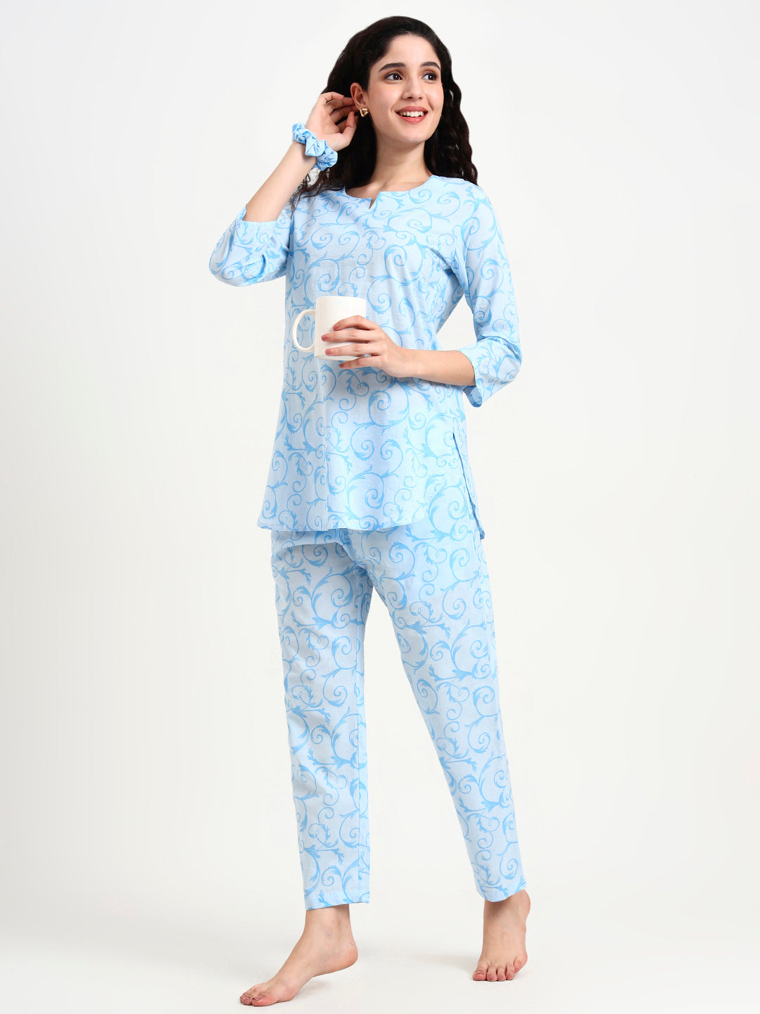 Divena Sky Blue Floral Print Cotton Night Suit