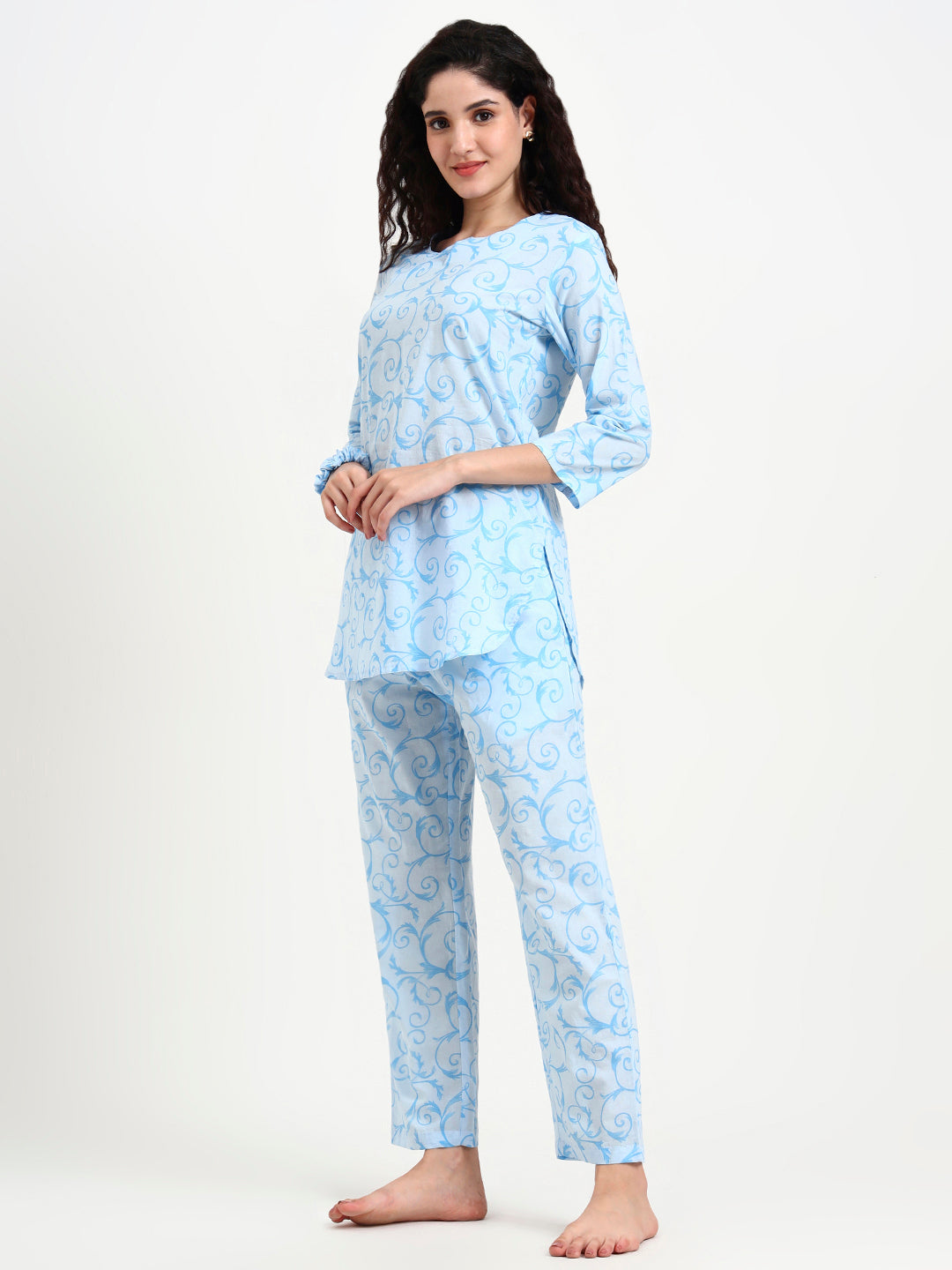 Divena Sky Blue Floral Print Cotton Night Suit