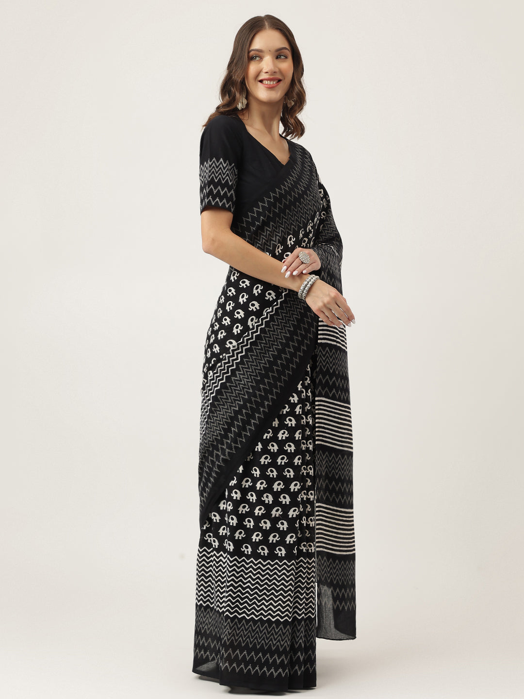 Divena Black HandBlock MulMul Cotton Saree