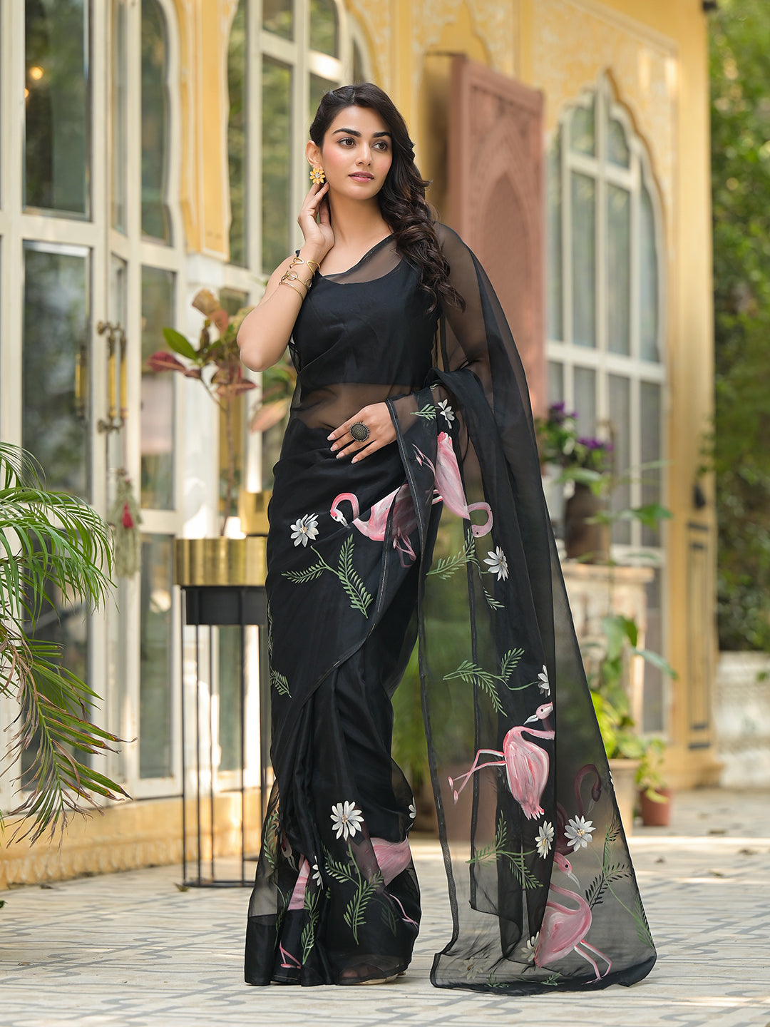 Black Hand painted Organza Saree — view 1