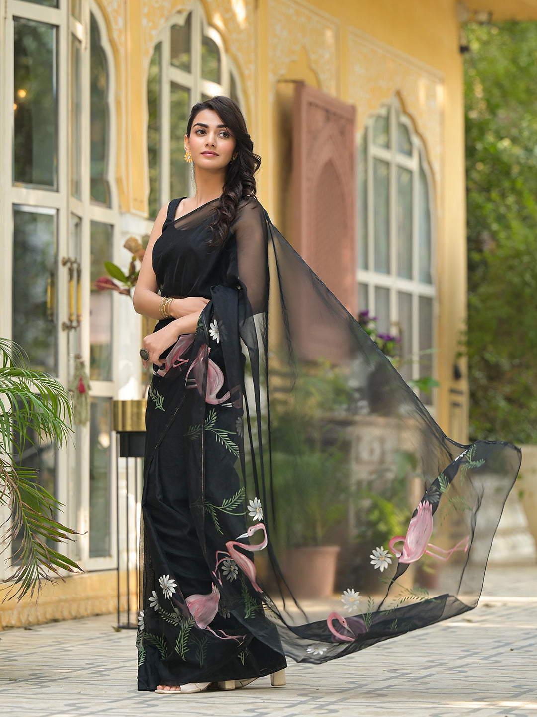 Divena Black Hand painted Organza Saree