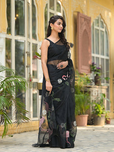 Divena Black Hand painted Organza Saree