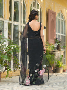 Divena Black Hand painted Organza Saree