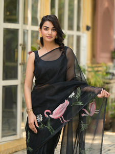 Divena Black Hand painted Organza Saree