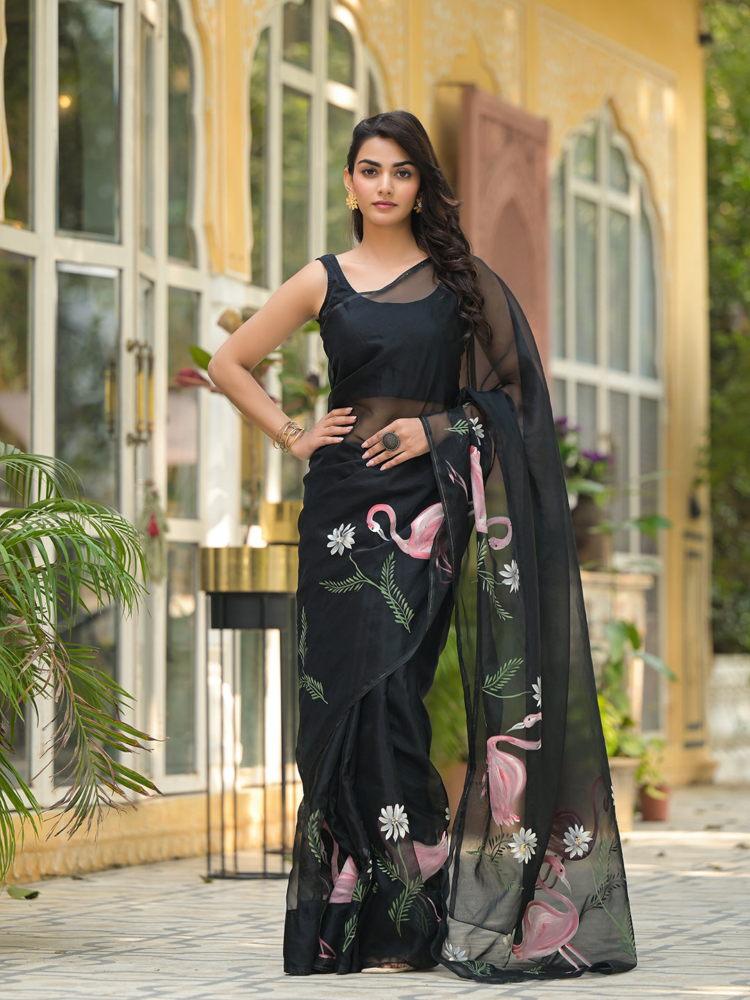 Divena Black Hand painted Organza Saree